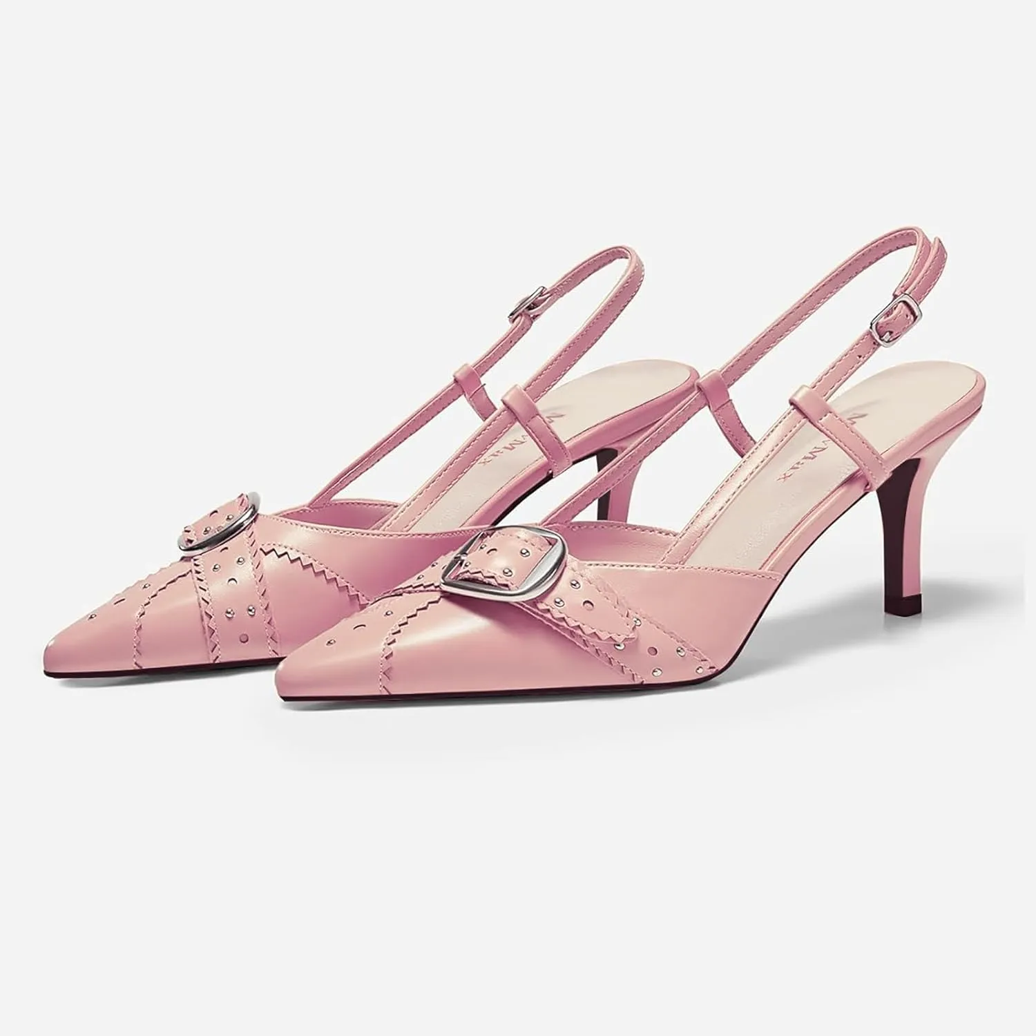 MAVMAX Slingback Heels for Women Studded Pointed Toe Kitten Heels Pumps Buckle Stiletto Backless Heeled Sandals Wedding Party Dress Shoes