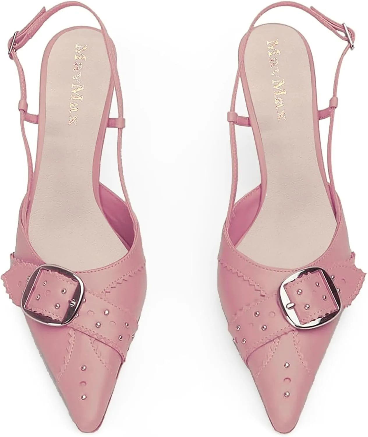 MAVMAX Slingback Heels for Women Studded Pointed Toe Kitten Heels Pumps Buckle Stiletto Backless Heeled Sandals Wedding Party Dress Shoes