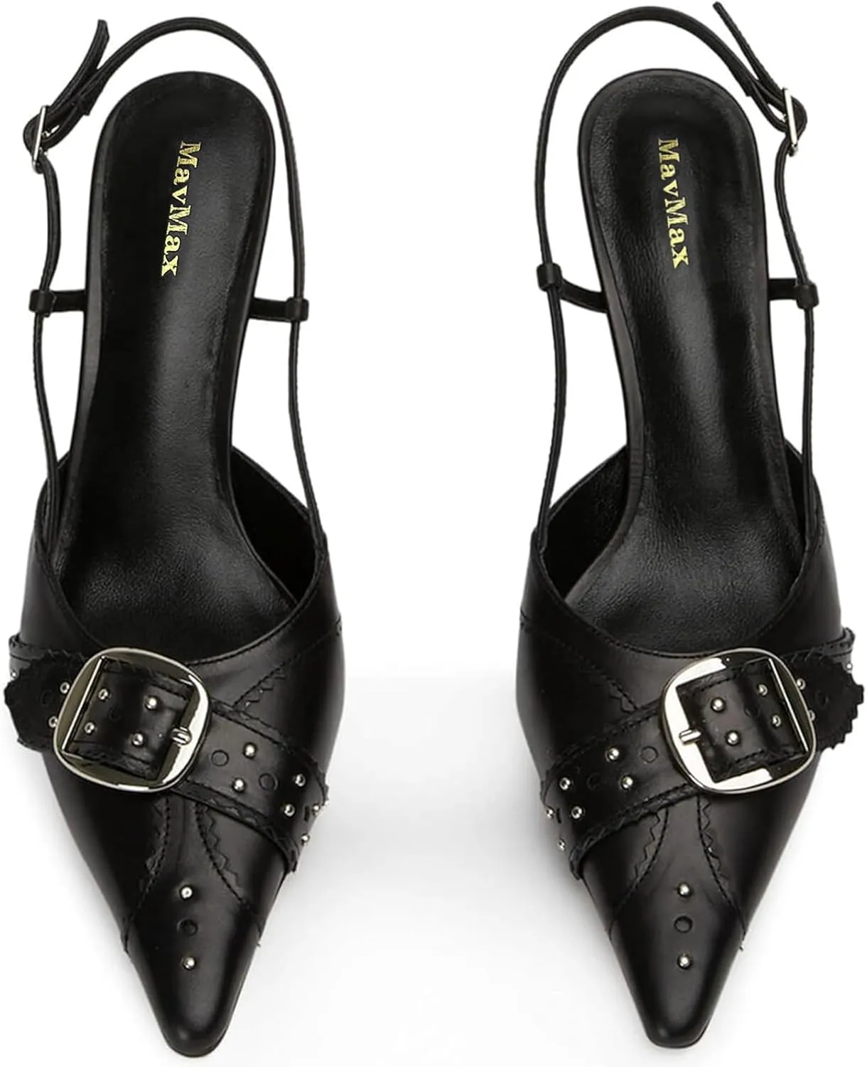 MAVMAX Slingback Heels for Women Studded Pointed Toe Kitten Heels Pumps Buckle Stiletto Backless Heeled Sandals Wedding Party Dress Shoes