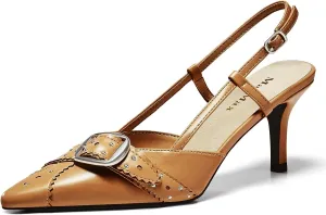MAVMAX Slingback Heels for Women Studded Pointed Toe Kitten Heels Pumps Buckle Stiletto Backless Heeled Sandals Wedding Party Dress Shoes