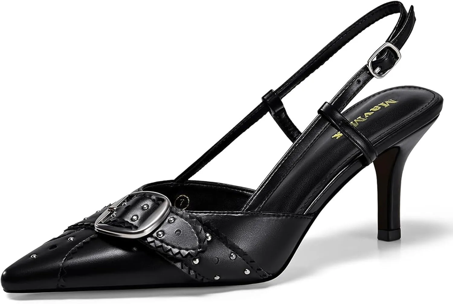 MAVMAX Slingback Heels for Women Studded Pointed Toe Kitten Heels Pumps Buckle Stiletto Backless Heeled Sandals Wedding Party Dress Shoes