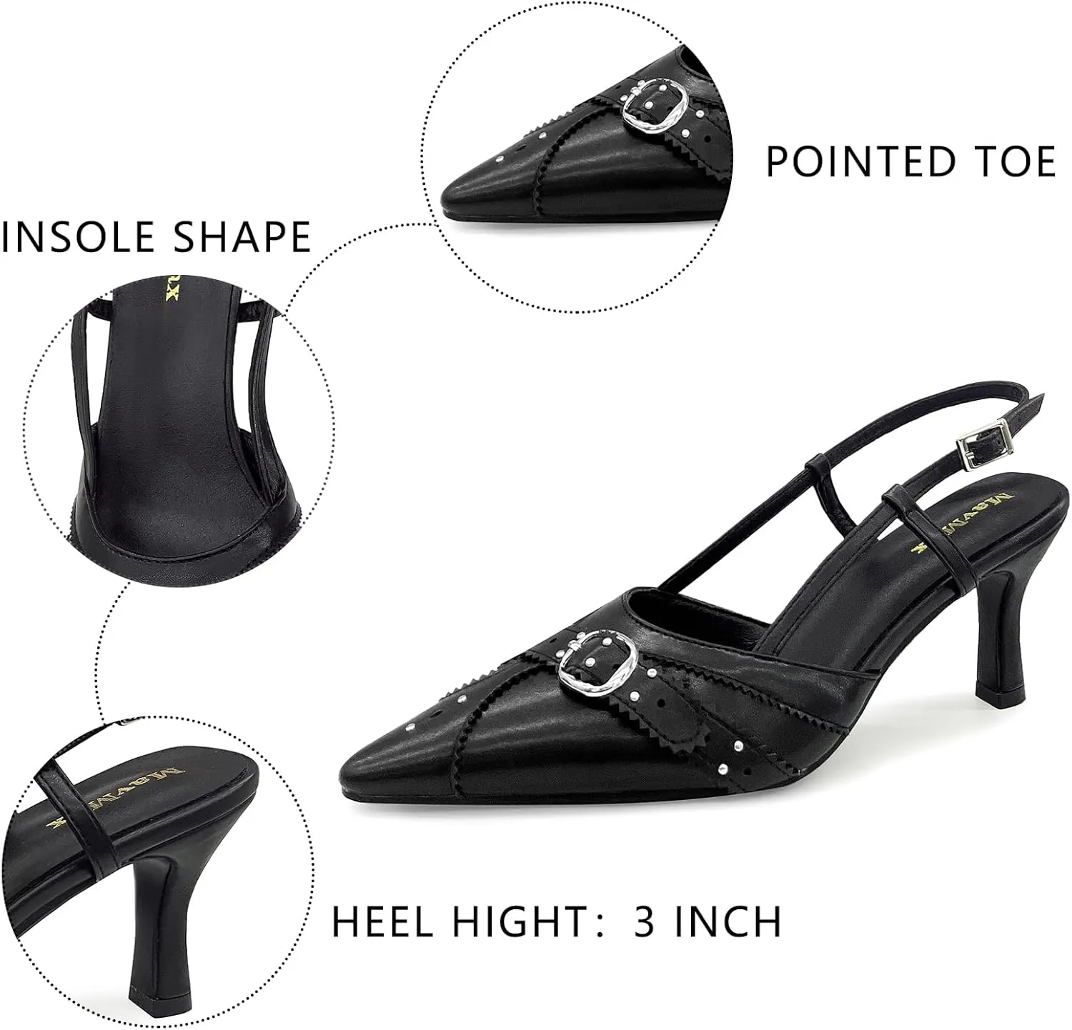 MAVMAX Slingback Heels for Women Studded Pointed Toe Kitten Heels Pumps Buckle Stiletto Backless Heeled Sandals Wedding Party Dress Shoes