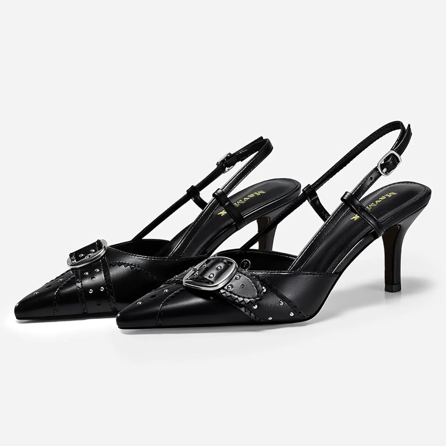 MAVMAX Slingback Heels for Women Studded Pointed Toe Kitten Heels Pumps Buckle Stiletto Backless Heeled Sandals Wedding Party Dress Shoes