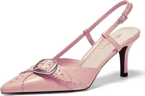 MAVMAX Slingback Heels for Women Studded Pointed Toe Kitten Heels Pumps Buckle Stiletto Backless Heeled Sandals Wedding Party Dress Shoes