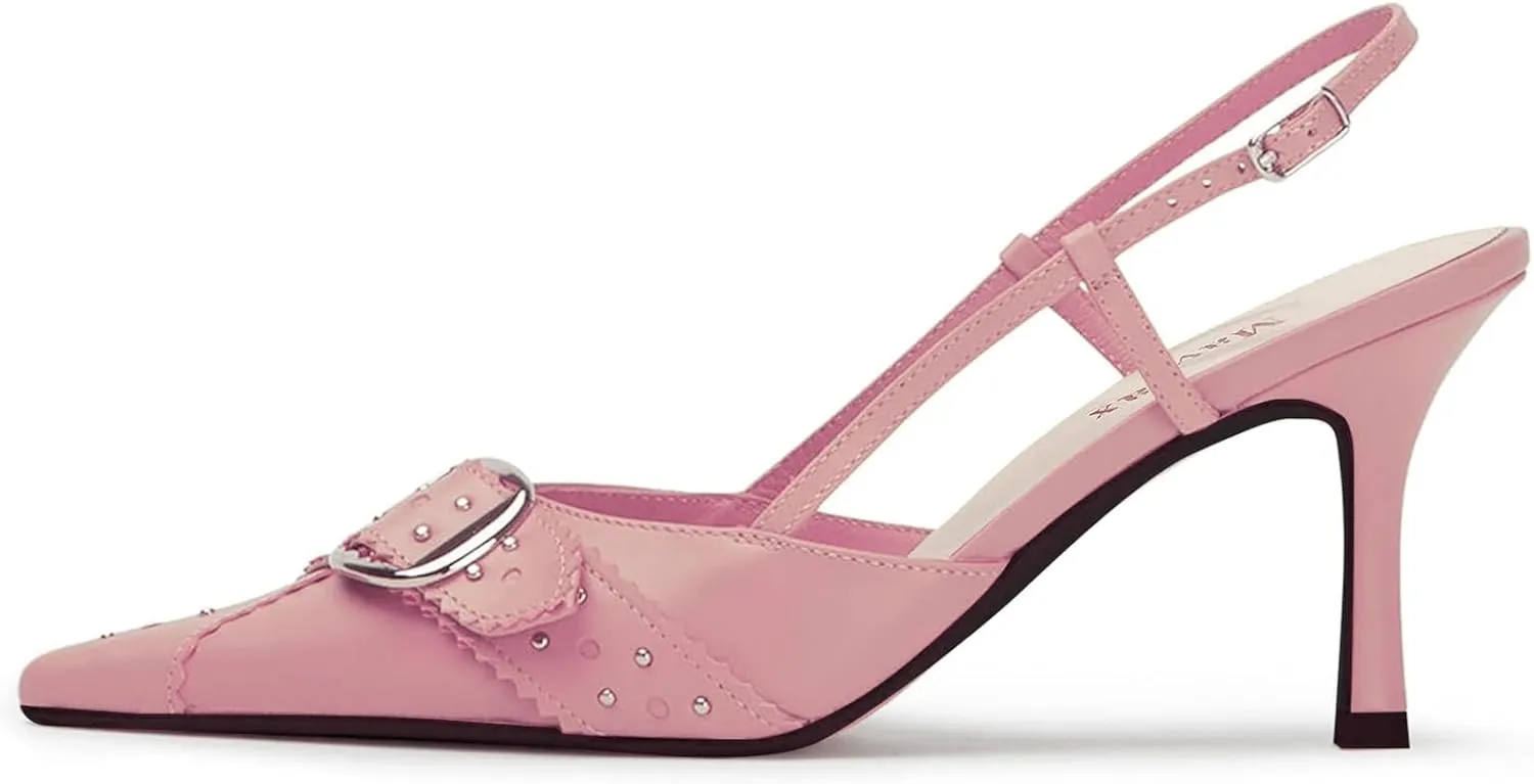 MAVMAX Slingback Heels for Women Studded Pointed Toe Kitten Heels Pumps Buckle Stiletto Backless Heeled Sandals Wedding Party Dress Shoes