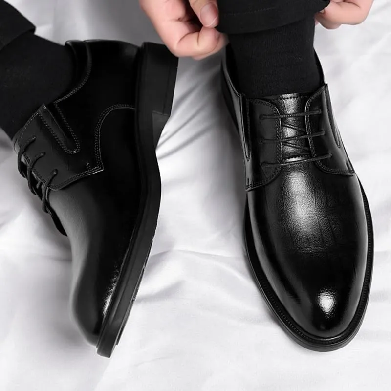 Men's Genuine Leather Oxford Shoes Waterproof Non-Slip Business Derby Shoes Men Block Mid-Heel Leather Shoes(8)