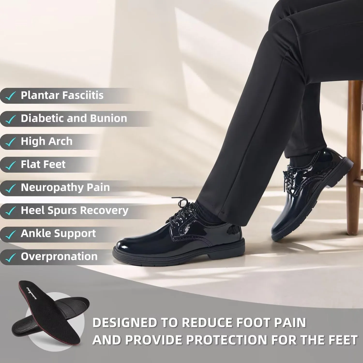 Men's Orthopedic Business Leather Dress Shoes: Arch Support Formal Wingtip Oxford, Plantar Fasciitis Cap Toe Comfort Oxfords, Orthotics Patent Tuxedo Sneakers for Foot and Heel Pain Relief