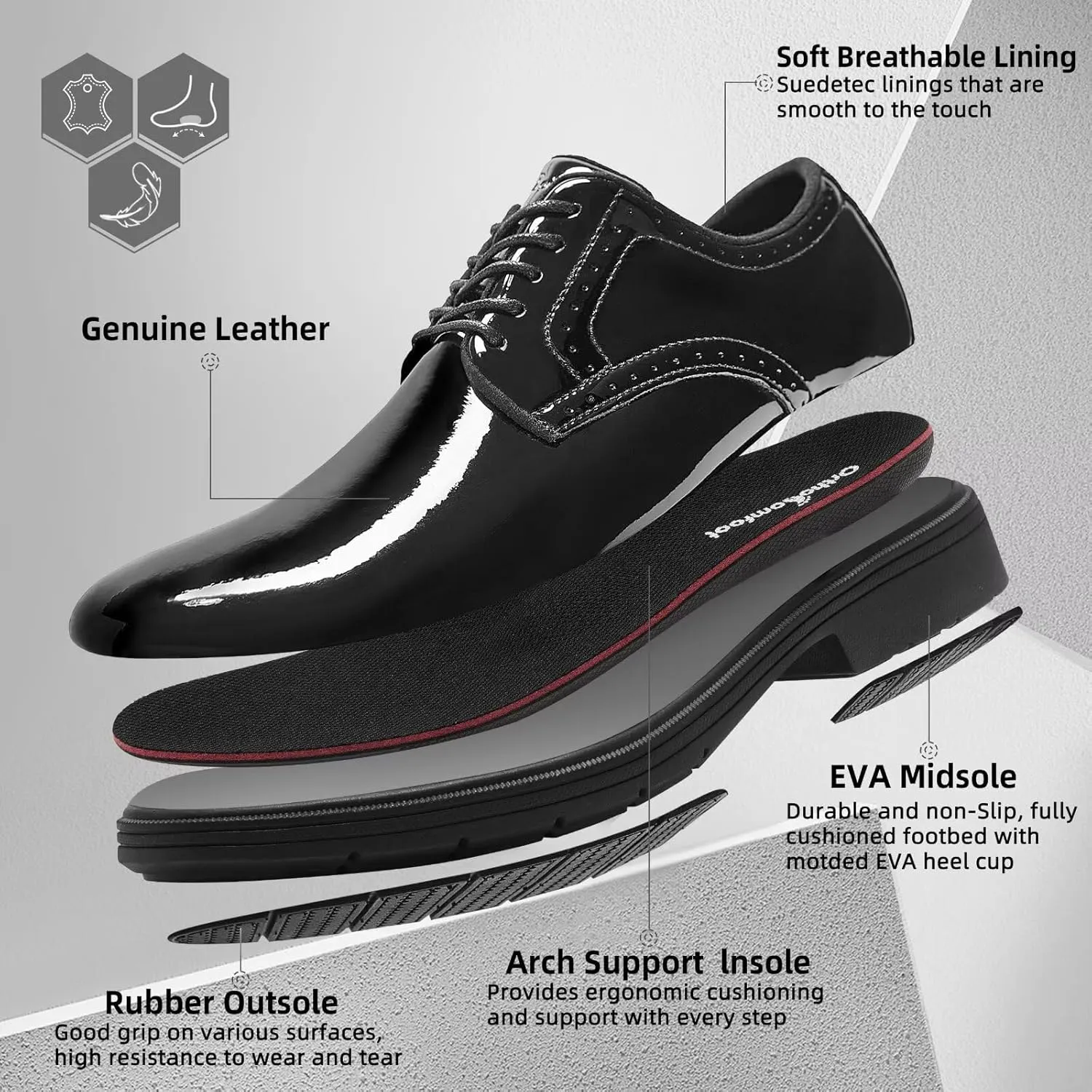Men's Orthopedic Business Leather Dress Shoes: Arch Support Formal Wingtip Oxford, Plantar Fasciitis Cap Toe Comfort Oxfords, Orthotics Patent Tuxedo Sneakers for Foot and Heel Pain Relief