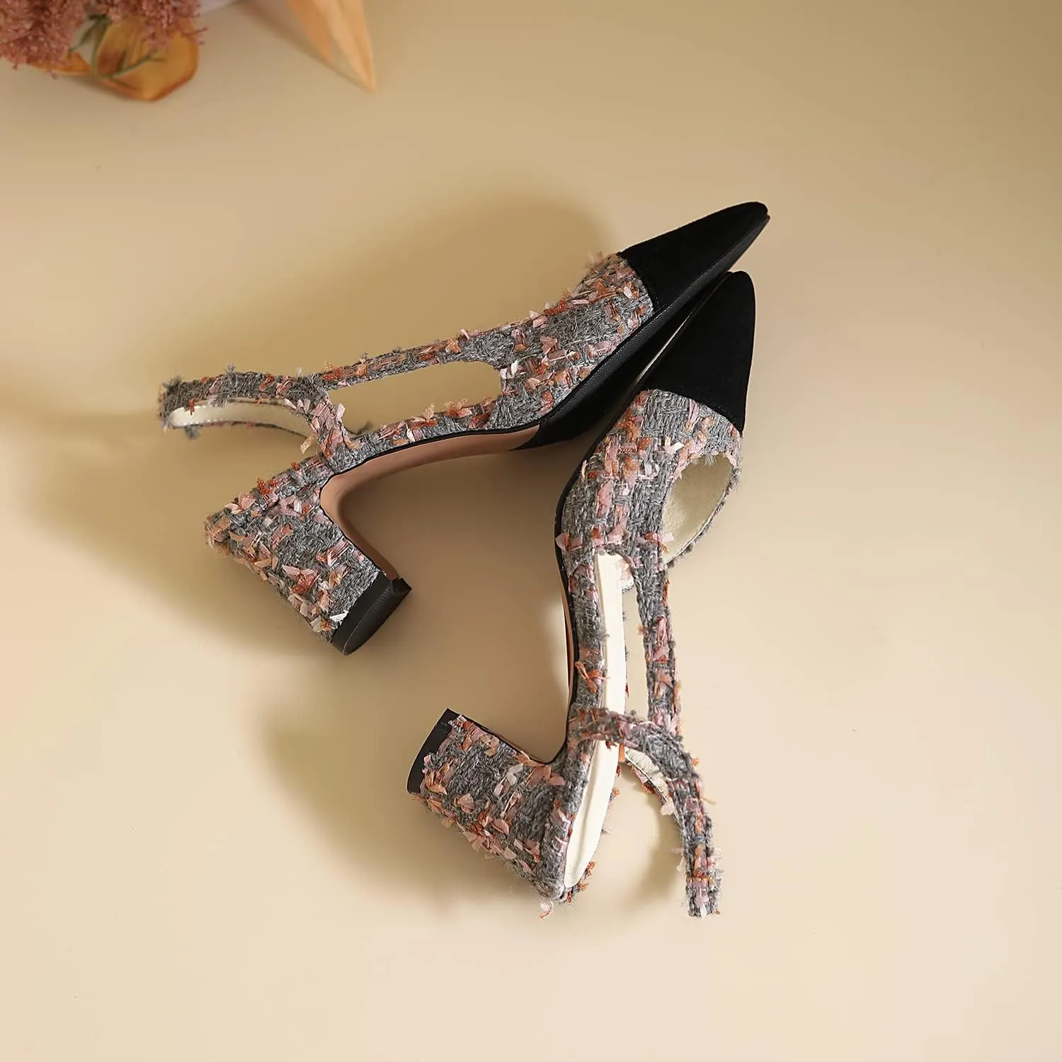 MICIFA Slingback Heels for WomenRound Toe Chunky Heeled Pumps Ankle Strap Fashion Splicing Dress Shoes