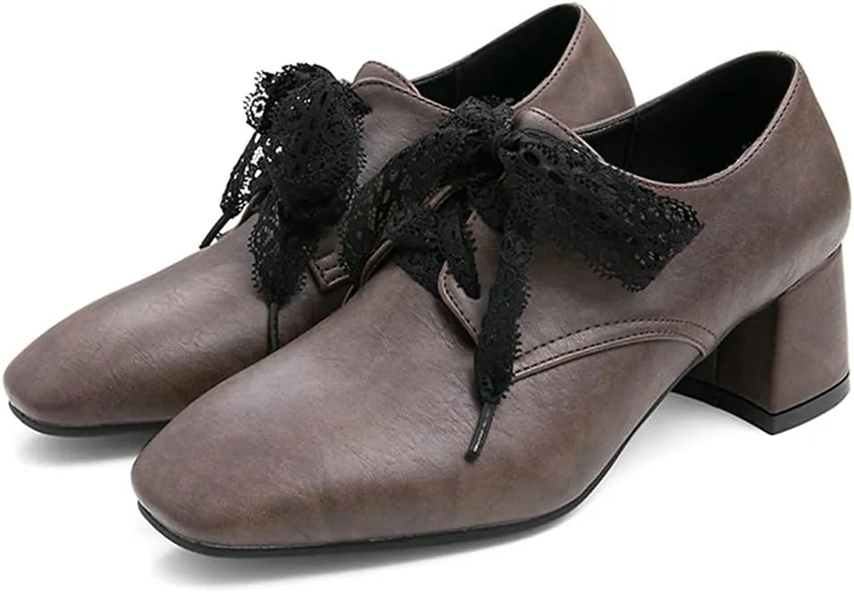 MIOKE Women's Fashion Lace Up Pump Oxfords Square Toe Suede Comfort Chunky Mid Heels Vintage Dress Shoes