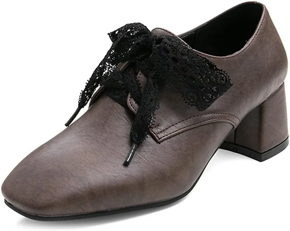 MIOKE Women's Fashion Lace Up Pump Oxfords Square Toe Suede Comfort Chunky Mid Heels Vintage Dress Shoes