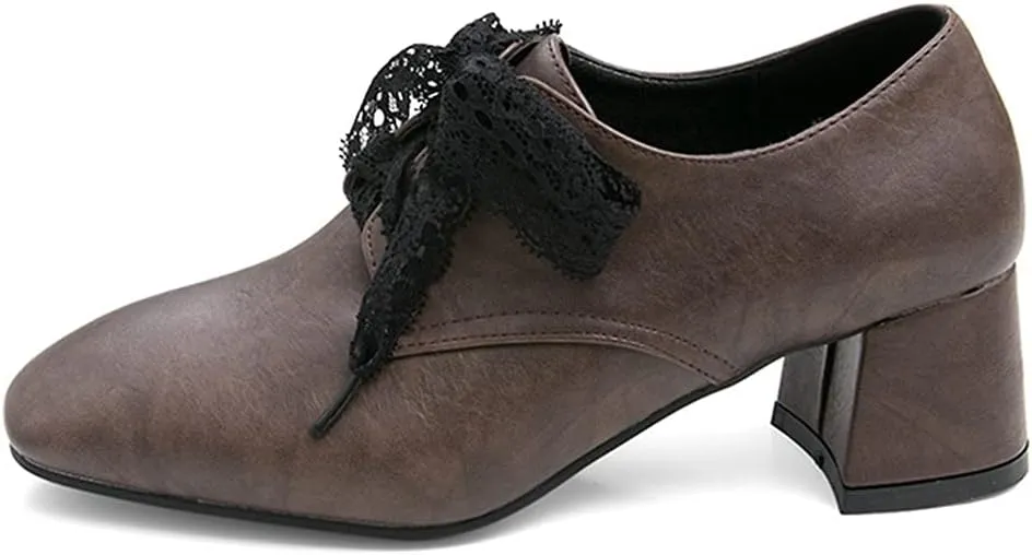 MIOKE Women's Fashion Lace Up Pump Oxfords Square Toe Suede Comfort Chunky Mid Heels Vintage Dress Shoes