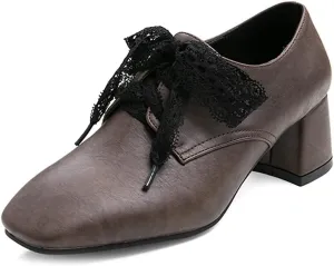 MIOKE Women's Fashion Lace Up Pump Oxfords Square Toe Suede Comfort Chunky Mid Heels Vintage Dress Shoes