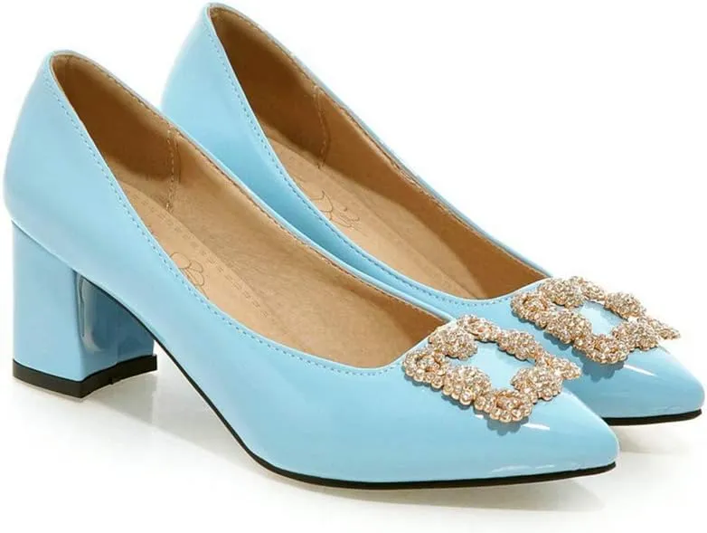 MIOKE Women's Fashion Rhinestone Chunky Mid Heel Pumps Pointy Toe Patent Leather Slip-On Wedding Dress Shoes