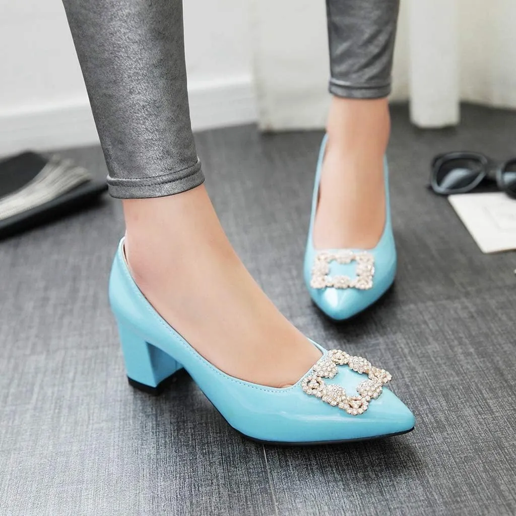 MIOKE Women's Fashion Rhinestone Chunky Mid Heel Pumps Pointy Toe Patent Leather Slip-On Wedding Dress Shoes
