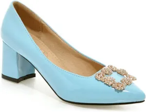MIOKE Women's Fashion Rhinestone Chunky Mid Heel Pumps Pointy Toe Patent Leather Slip-On Wedding Dress Shoes