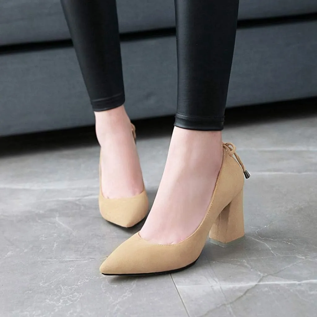 MIOKE Women's Pointed Toe Chunky Mid Heel Pumps Casual Suede Buckle Strap Mary Jane Office Dress Shoes