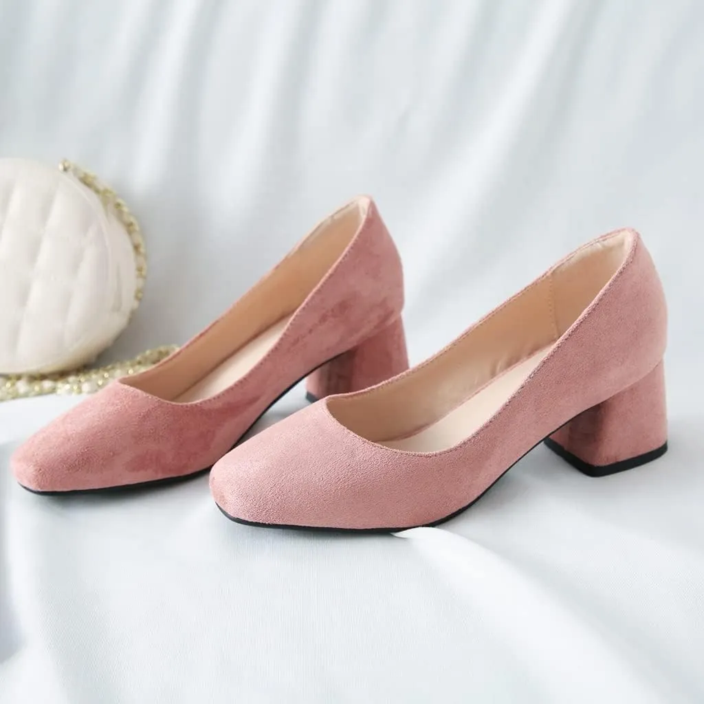 MIOKE Women's Round Toe Chunky Block Mid Heel Pumps Buckle Suede Slip-On Casual Work Office Dress Shoes