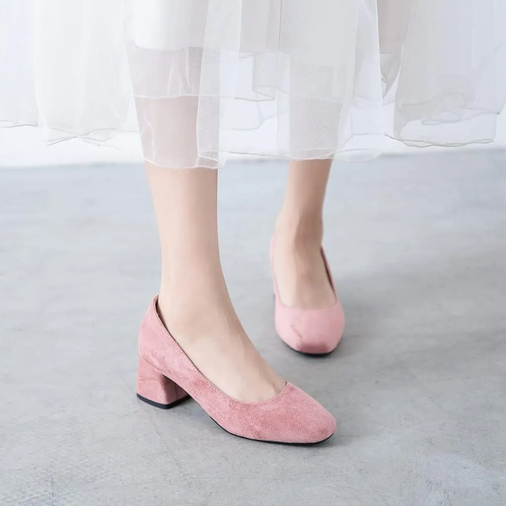 MIOKE Women's Round Toe Chunky Block Mid Heel Pumps Buckle Suede Slip-On Casual Work Office Dress Shoes