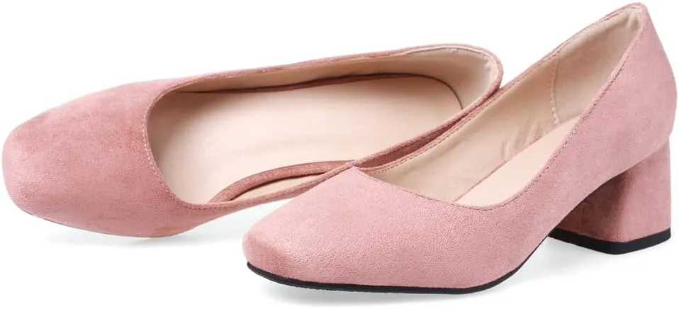 MIOKE Women's Round Toe Chunky Block Mid Heel Pumps Buckle Suede Slip-On Casual Work Office Dress Shoes