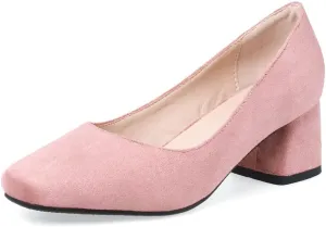 MIOKE Women's Round Toe Chunky Block Mid Heel Pumps Buckle Suede Slip-On Casual Work Office Dress Shoes