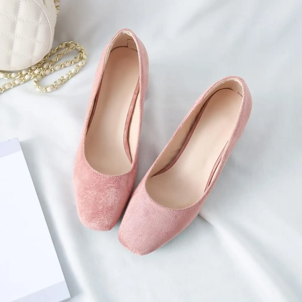 MIOKE Women's Round Toe Chunky Block Mid Heel Pumps Buckle Suede Slip-On Casual Work Office Dress Shoes