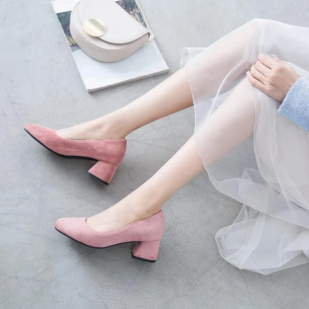 MIOKE Women's Round Toe Chunky Block Mid Heel Pumps Buckle Suede Slip-On Casual Work Office Dress Shoes