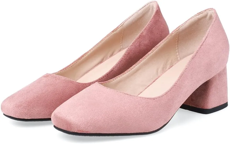 MIOKE Women's Round Toe Chunky Block Mid Heel Pumps Buckle Suede Slip-On Casual Work Office Dress Shoes