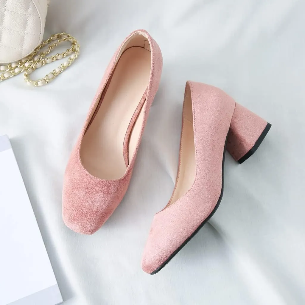 MIOKE Women's Round Toe Chunky Block Mid Heel Pumps Buckle Suede Slip-On Casual Work Office Dress Shoes