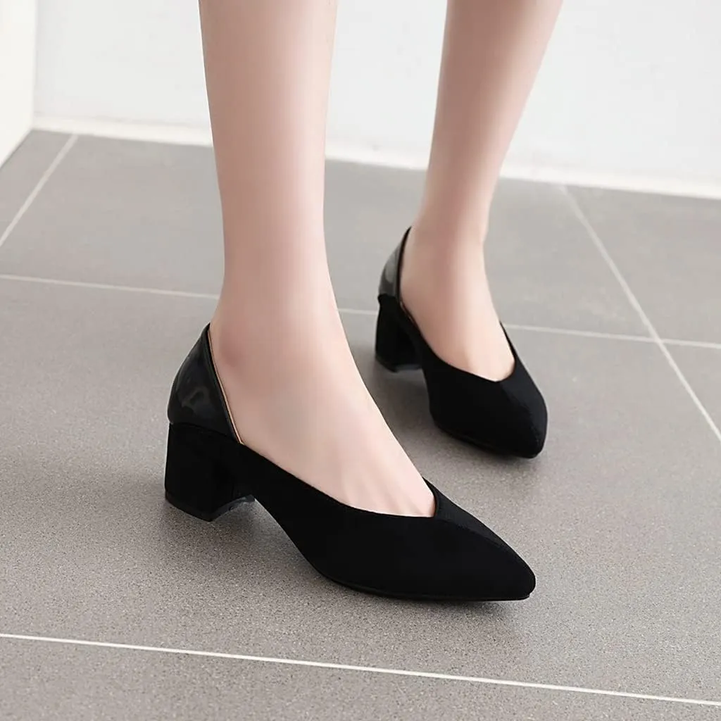 MIOKE Women's Square Toe Buckle Chunky Mid Heel Pumps Suede Slip-On Comfort Casual Office Work Dress Shoes