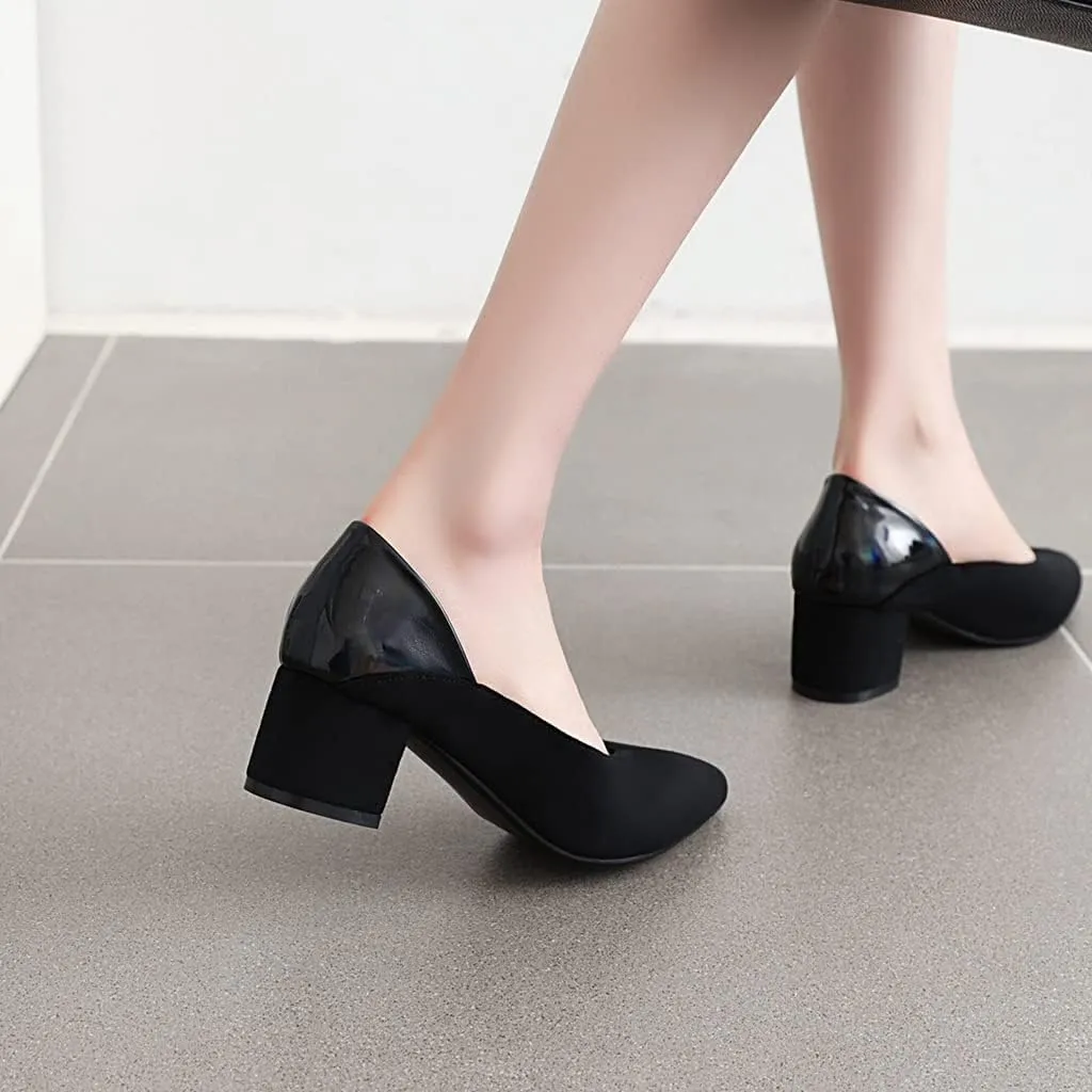 MIOKE Women's Square Toe Buckle Chunky Mid Heel Pumps Suede Slip-On Comfort Casual Office Work Dress Shoes