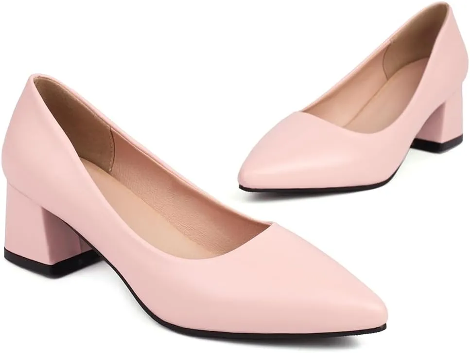 MIOKE Women's Square Toe Chunky Low Block Heel Pumps Leather Slip-On Comfort Casual Work Office Dress Shoes