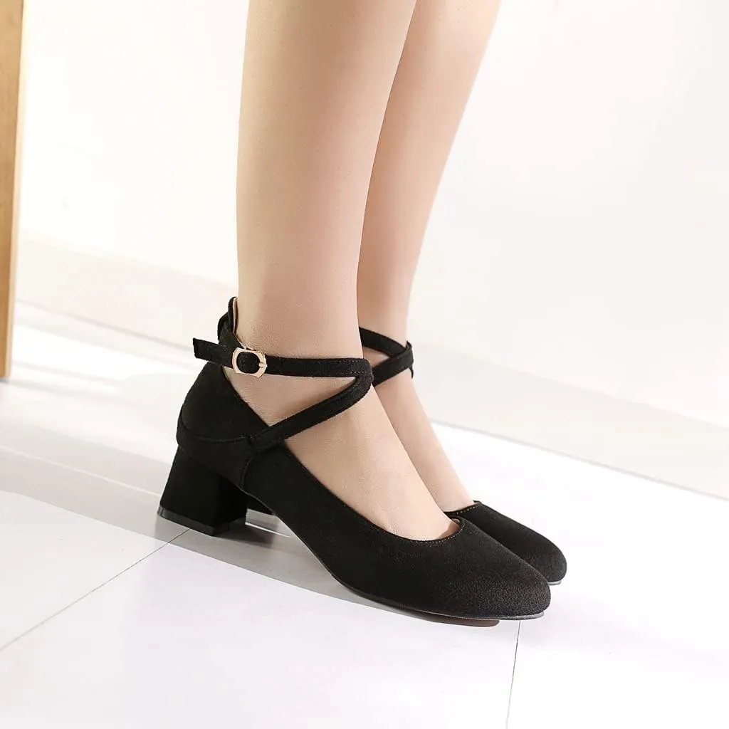 MIOKE Women's Square Toe Chunky Mid Block Heel Pumps Suede Ankle Strap Comfort Retro Elegant Dress Shoes