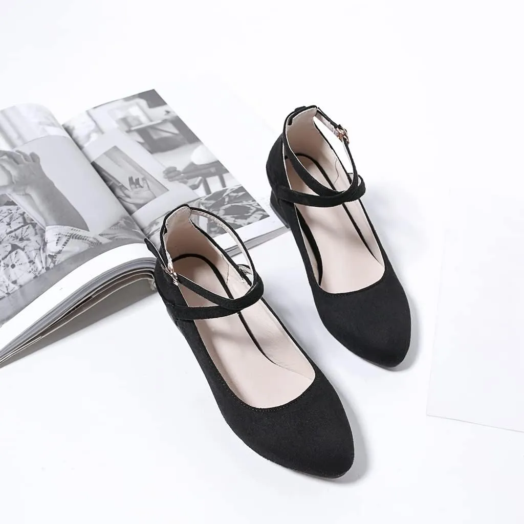 MIOKE Women's Square Toe Chunky Mid Block Heel Pumps Suede Ankle Strap Comfort Retro Elegant Dress Shoes