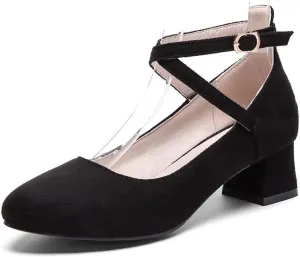 MIOKE Women's Square Toe Chunky Mid Block Heel Pumps Suede Ankle Strap Comfort Retro Elegant Dress Shoes
