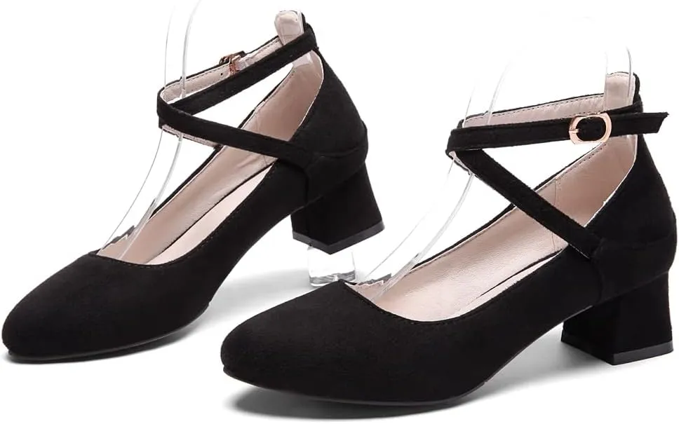 MIOKE Women's Square Toe Chunky Mid Block Heel Pumps Suede Ankle Strap Comfort Retro Elegant Dress Shoes