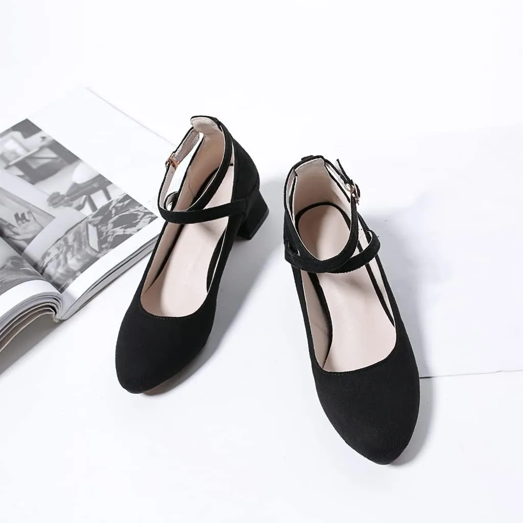 MIOKE Women's Square Toe Chunky Mid Block Heel Pumps Suede Ankle Strap Comfort Retro Elegant Dress Shoes