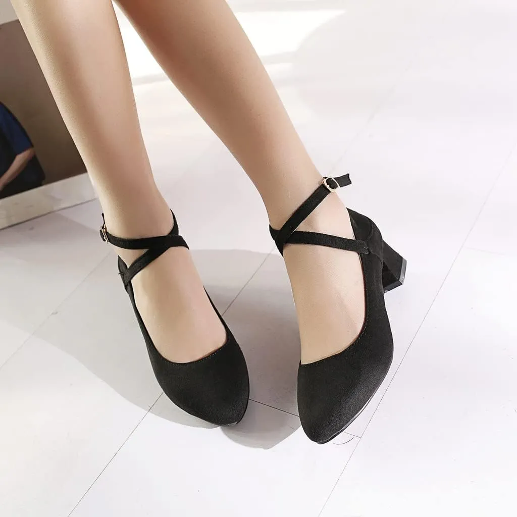 MIOKE Women's Square Toe Chunky Mid Block Heel Pumps Suede Ankle Strap Comfort Retro Elegant Dress Shoes