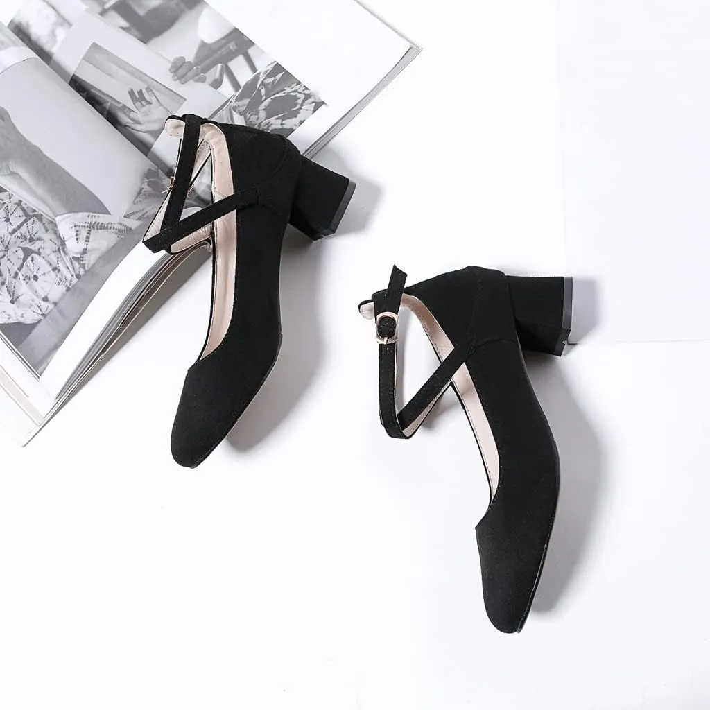 MIOKE Women's Square Toe Chunky Mid Block Heel Pumps Suede Ankle Strap Comfort Retro Elegant Dress Shoes