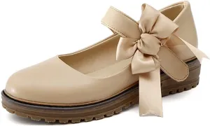 MIOKE Women's Sweet Bow Mary Jane Oxford Shoes Slip On Comfy Low Heel Classic Vintage Dress Oxfords Pump