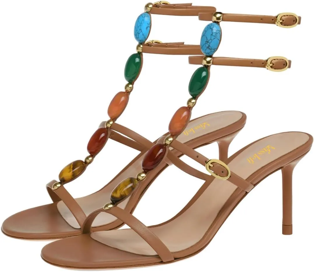 miss left Women Sexy Beaded T-Strap Buckled Stiletto Sandals Open Toe Thin Mid Heel Jewelled Evening Dress Party Shoes Size 4-16 US