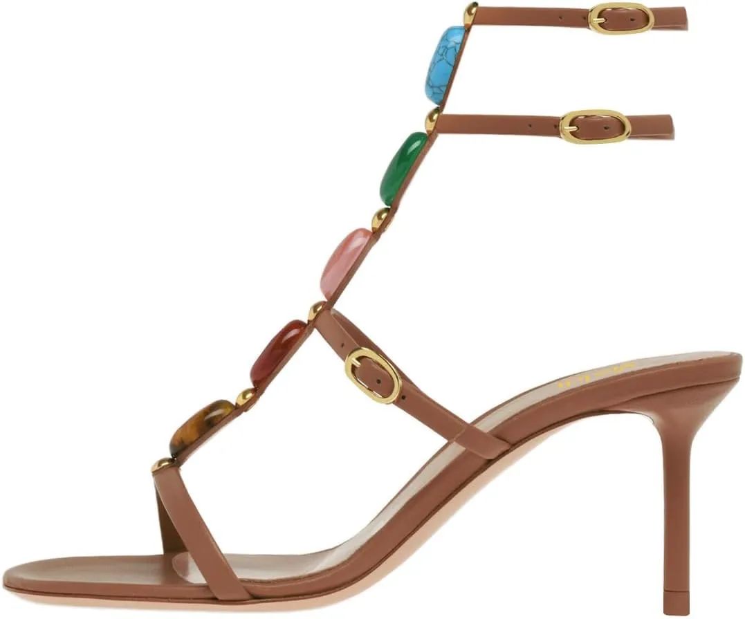 miss left Women Sexy Beaded T-Strap Buckled Stiletto Sandals Open Toe Thin Mid Heel Jewelled Evening Dress Party Shoes Size 4-16 US
