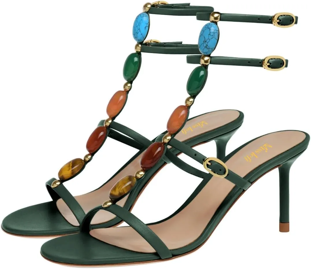 miss left Women Sexy Beaded T-Strap Buckled Stiletto Sandals Open Toe Thin Mid Heel Jewelled Evening Dress Party Shoes Size 4-16 US