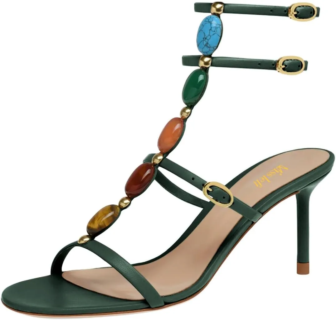 miss left Women Sexy Beaded T-Strap Buckled Stiletto Sandals Open Toe Thin Mid Heel Jewelled Evening Dress Party Shoes Size 4-16 US