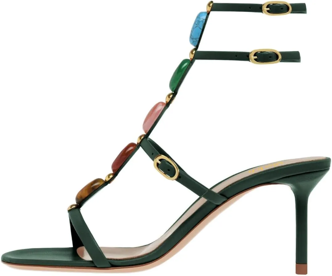 miss left Women Sexy Beaded T-Strap Buckled Stiletto Sandals Open Toe Thin Mid Heel Jewelled Evening Dress Party Shoes Size 4-16 US