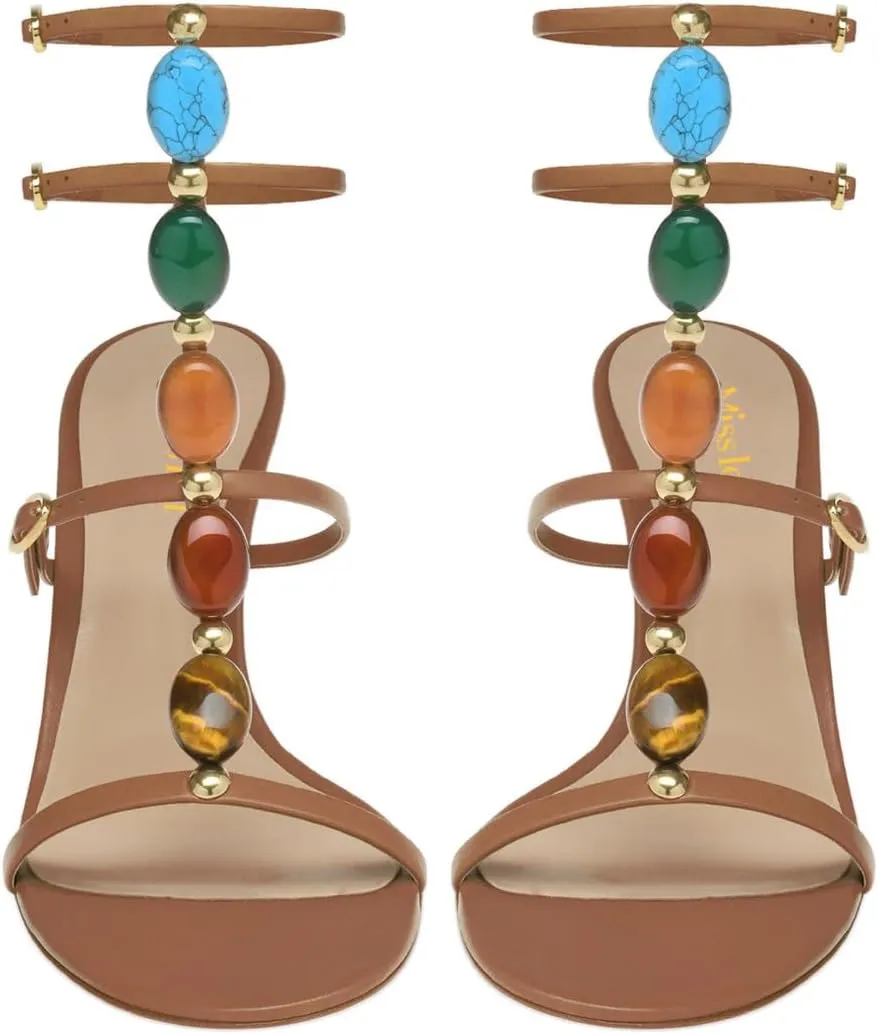 miss left Women Sexy Beaded T-Strap Buckled Stiletto Sandals Open Toe Thin Mid Heel Jewelled Evening Dress Party Shoes Size 4-16 US