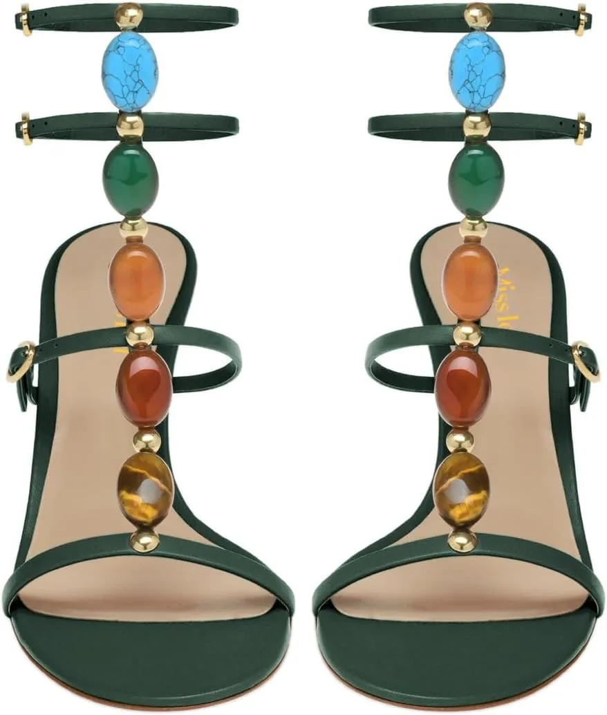 miss left Women Sexy Beaded T-Strap Buckled Stiletto Sandals Open Toe Thin Mid Heel Jewelled Evening Dress Party Shoes Size 4-16 US