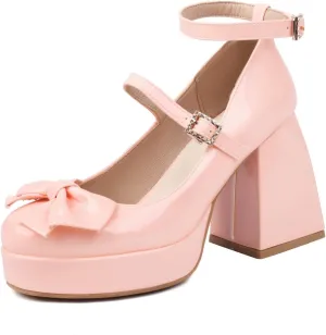 MOJARI Women Bow Platform Chunky Pumps Round Toe Closed Toe Ankle Strap High Heels Shoes Wedding Dress Shoes