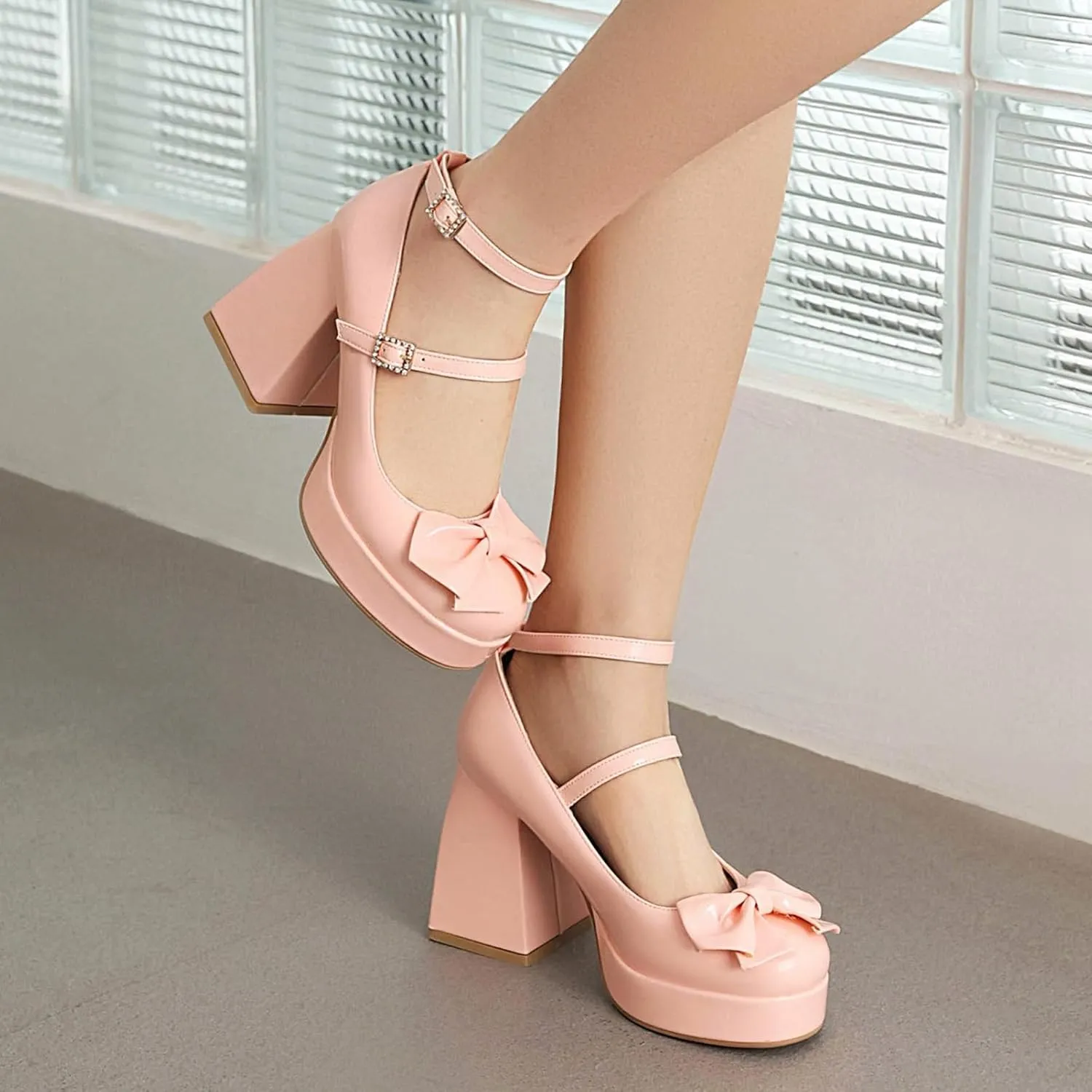 MOJARI Women Bow Platform Chunky Pumps Round Toe Closed Toe Ankle Strap High Heels Shoes Wedding Dress Shoes