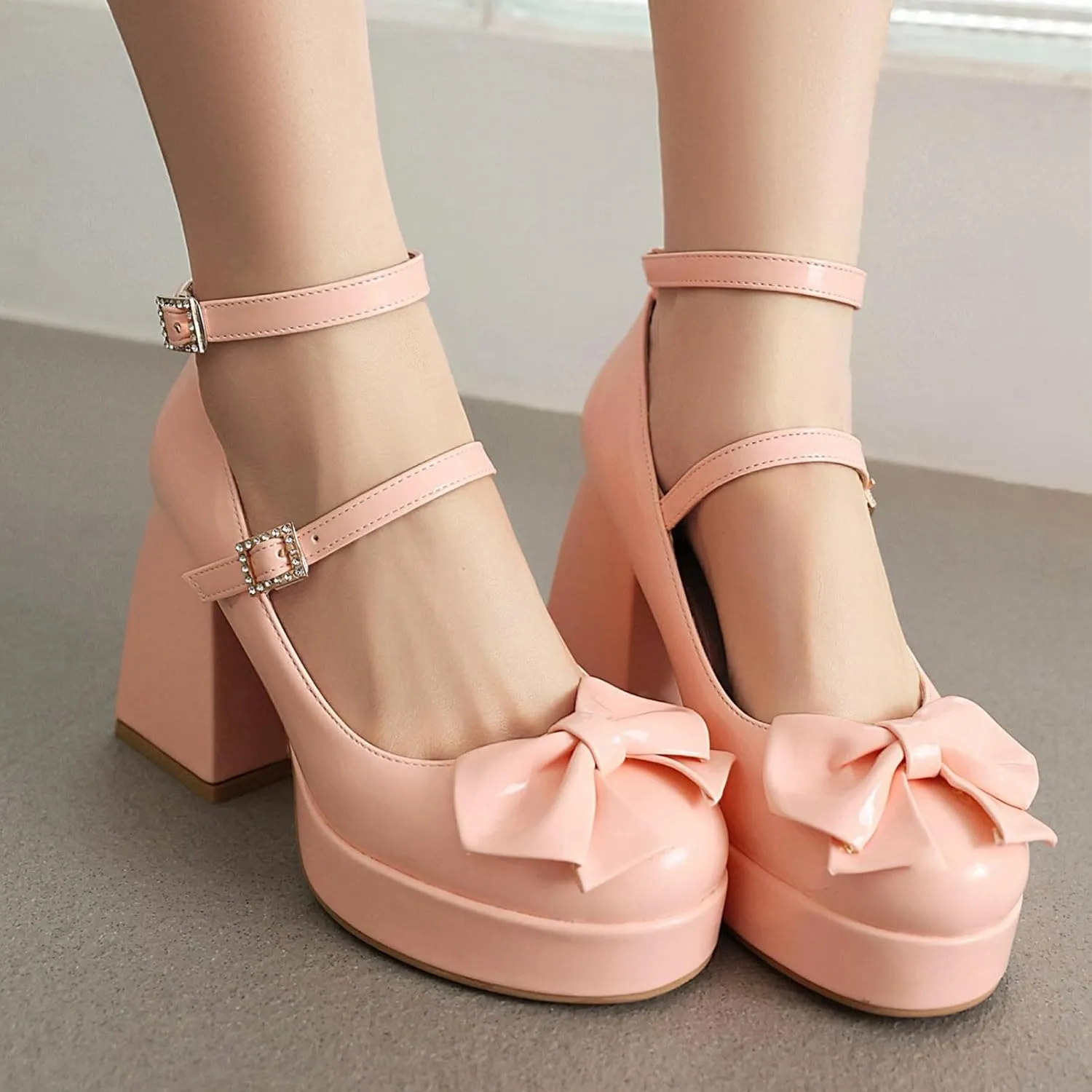 MOJARI Women Bow Platform Chunky Pumps Round Toe Closed Toe Ankle Strap High Heels Shoes Wedding Dress Shoes